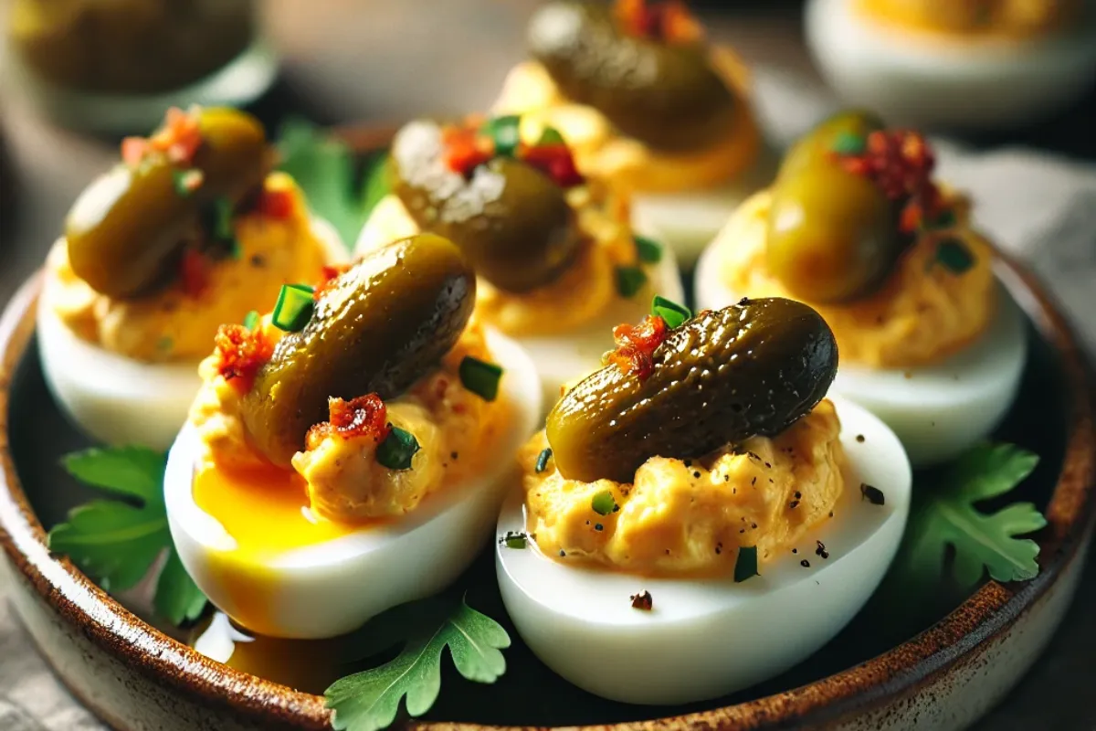 Stuffed Eggs with Tangy Pickles and Savory Olives