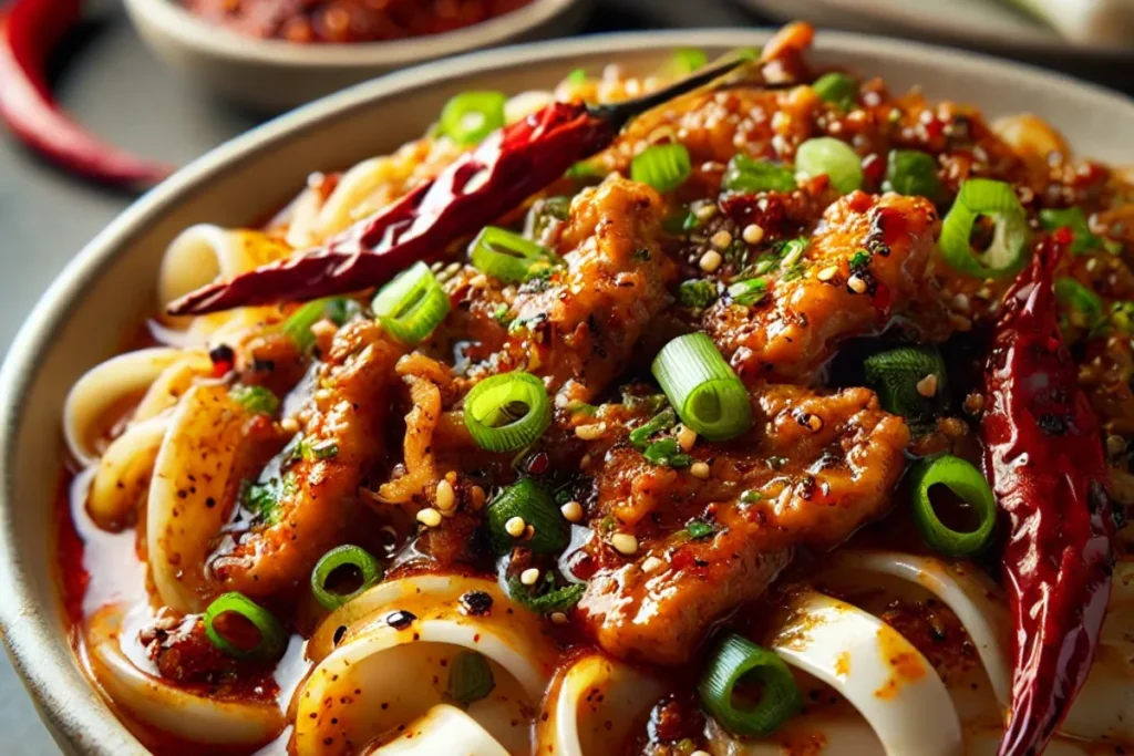 Spicy Pork and Scallion Rice Noodles