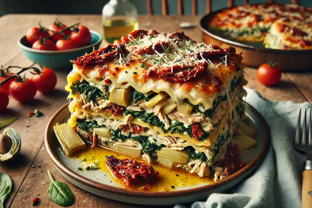 Sun-Dried Tomato and Artichoke Chicken Spinach Lasagna