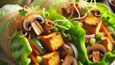 Vegetarian Lettuce Wraps with Crispy Tofu and Mushrooms