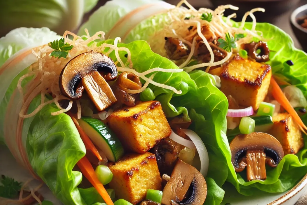 Vegetarian Lettuce Wraps with Crispy Tofu and Mushrooms