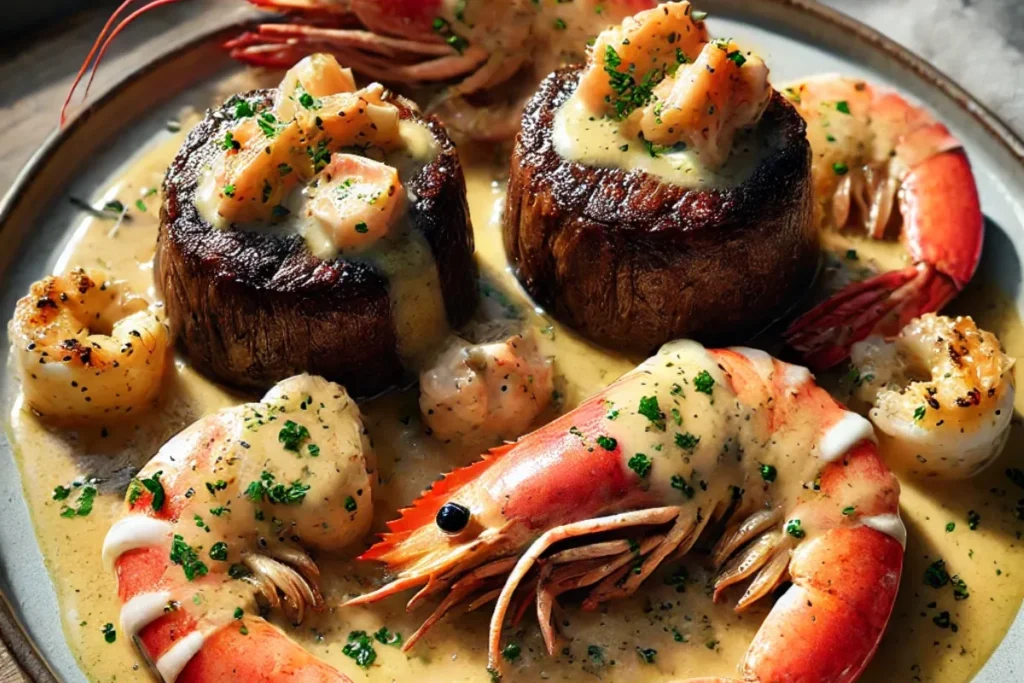 Filet Mignon with Shrimp and Lobster Cream Sauce