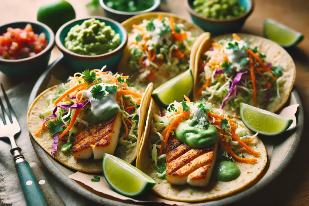 Grilled Fish Tacos with Citrus Slaw and Green Sauce