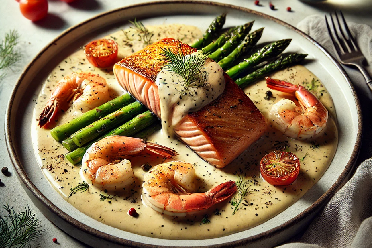 Salmon and Shrimp with Creamy Garlic Sauce