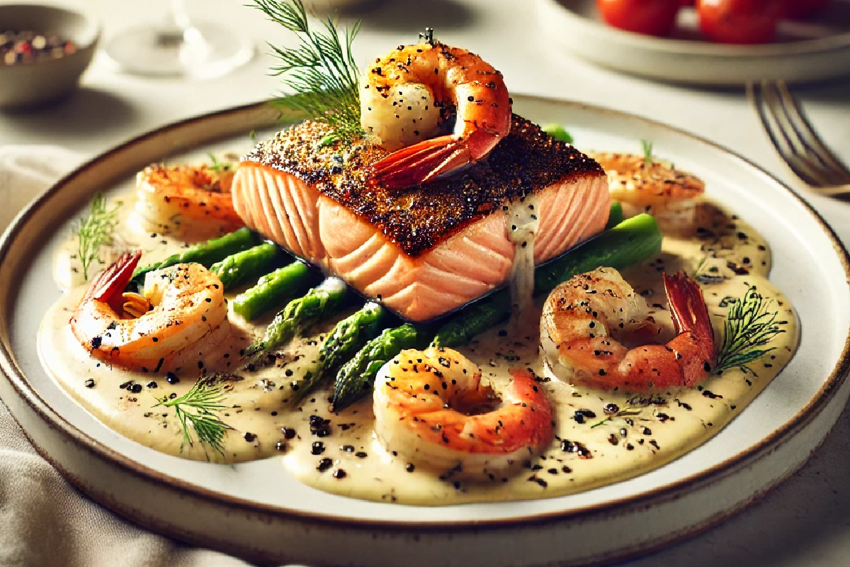 Salmon and Shrimp with Creamy Garlic Sauce