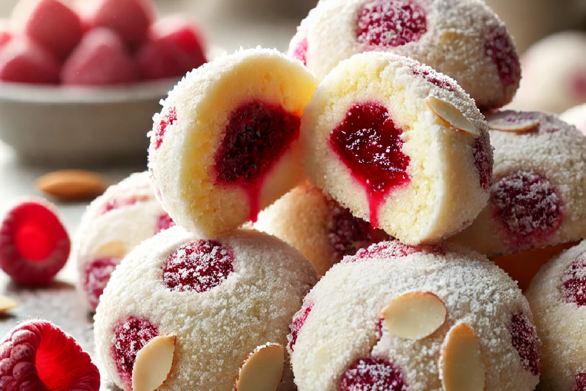 Raspberry Filled Almond Snowball Cookies