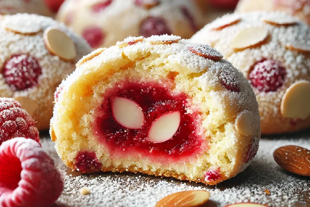 Raspberry Filled Almond Snowball Cookies