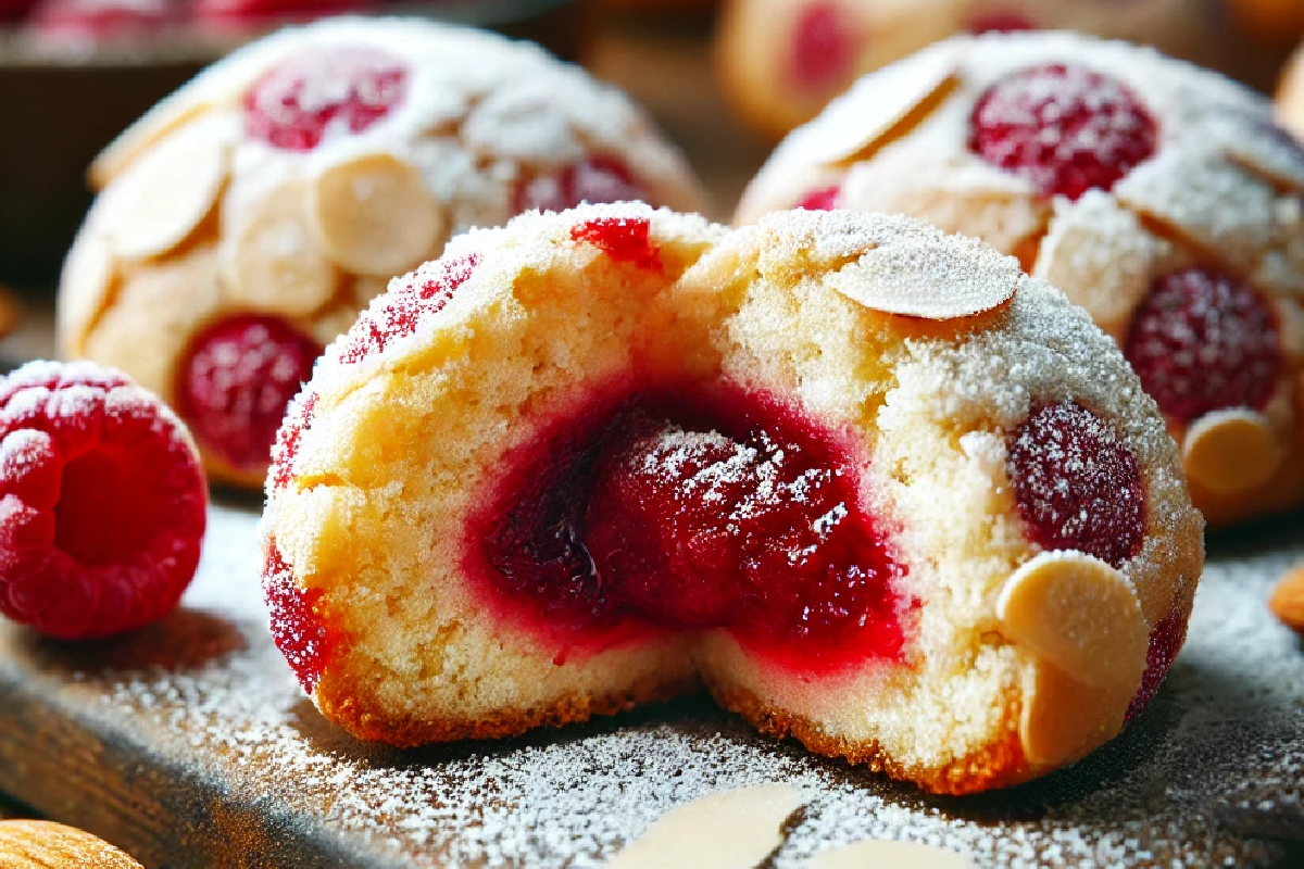 Raspberry Filled Almond Snowball Cookies