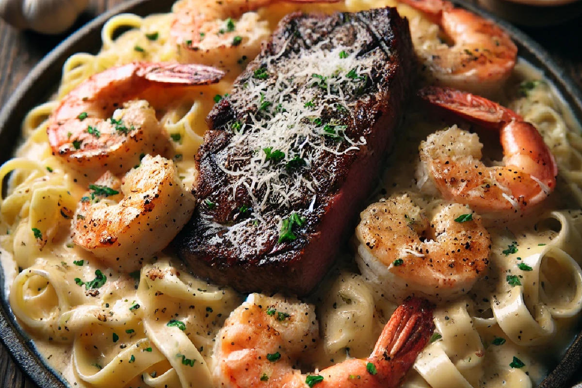 Cajun Shrimp and Steak Alfredo Pasta