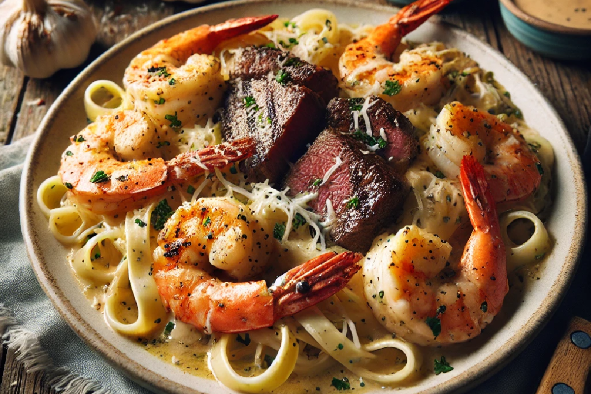 Cajun Shrimp and Steak Alfredo Pasta