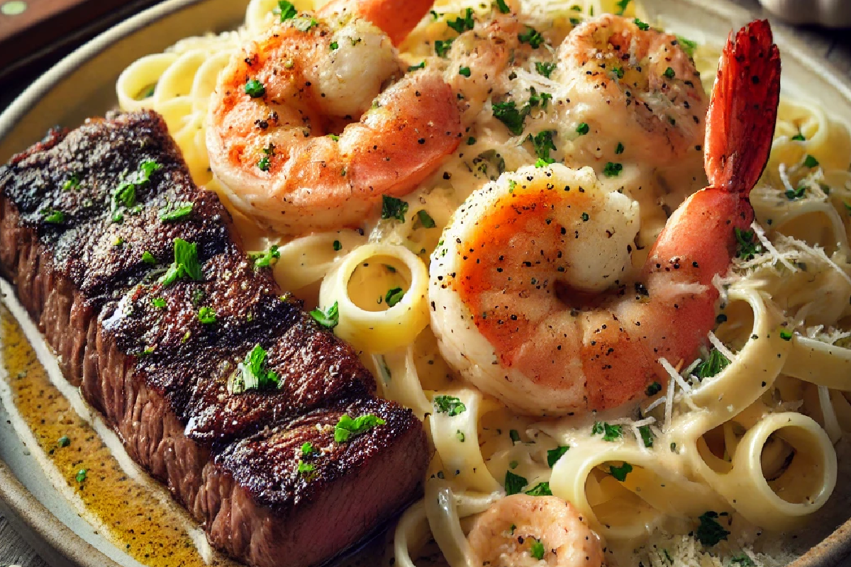 Cajun Shrimp and Steak Alfredo Pasta